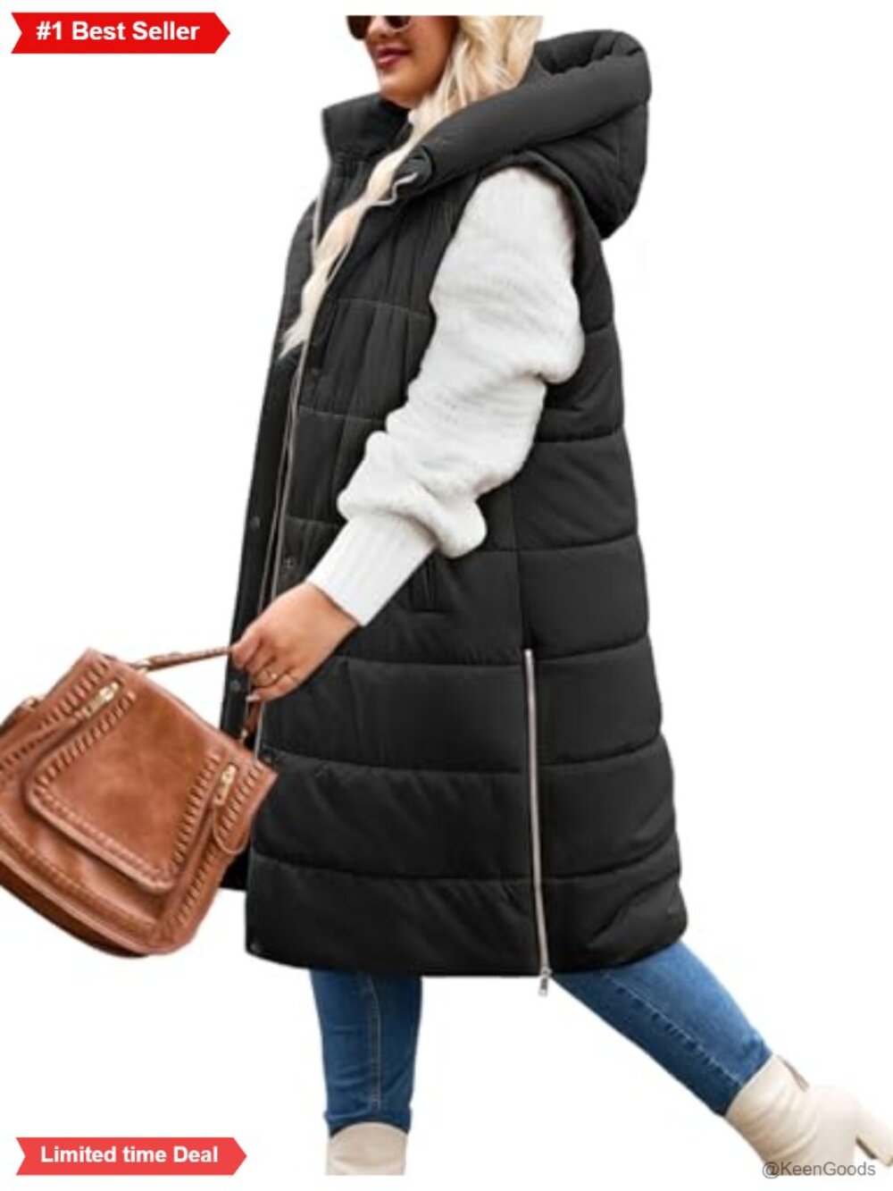 Plus Size Long Hooded Puffer Vest Sleeveless Winter Gilet